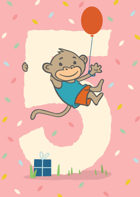 Verjaardagskaarten - Verjaardagskaart met aapje - 5 jaar