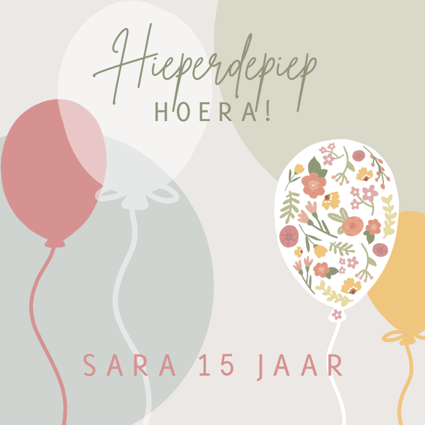 Verjaardagskaart met ballonnen en bloemen - Verjaardagskaarten Verjaardagskaarten - Verjaardagskaart met ballonnen en bloemen