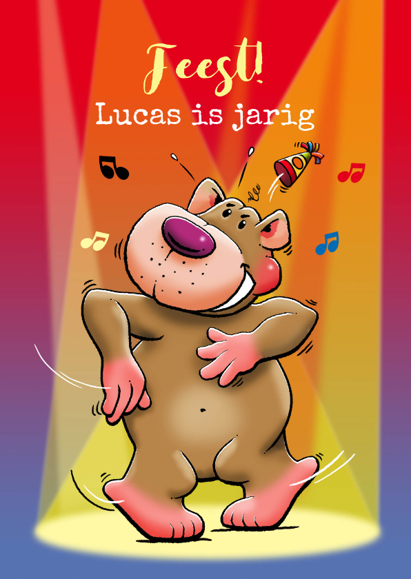 Verjaardagskaarten - Verjaardagskaart met beer in fel-gekleurde schijnwerpers