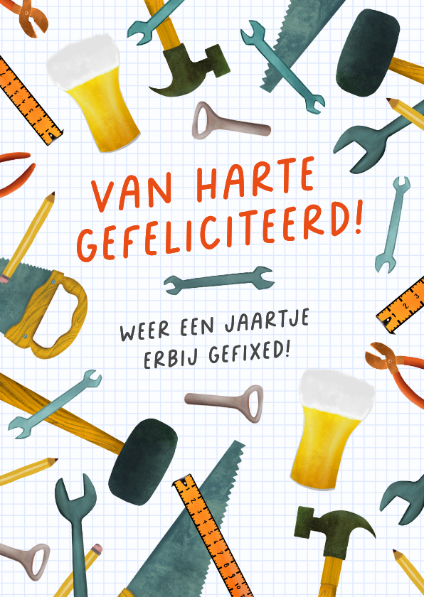 Verjaardagskaarten - Verjaardagskaart met bier en gereedschap