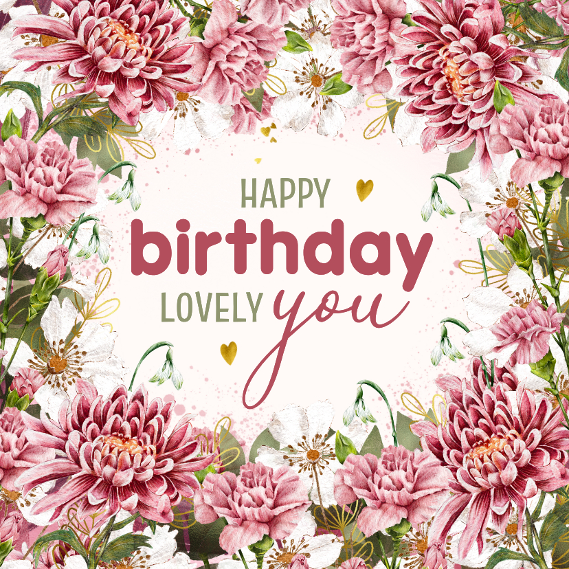 Verjaardagskaarten - Verjaardagskaart met bloemen en hartjes van goud