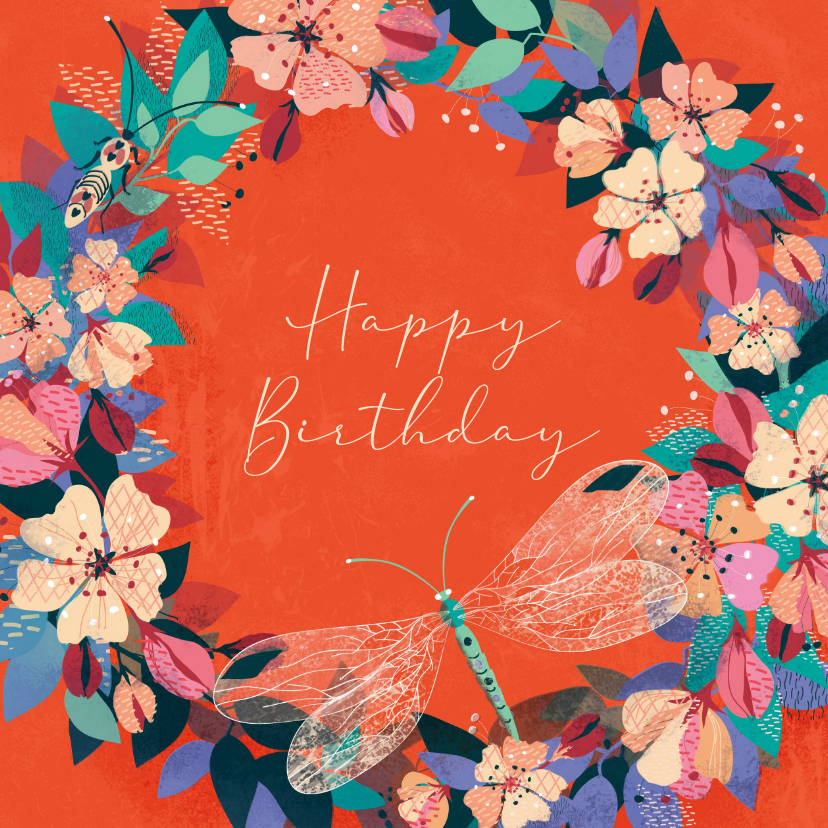 Verjaardagskaarten - Verjaardagskaart met bloemen en libellen