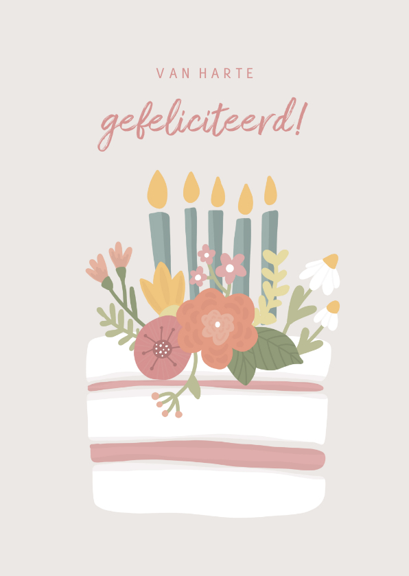 Verjaardagskaarten - Verjaardagskaart met bloemen en taart