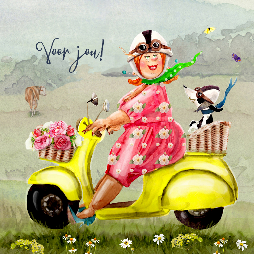 Verjaardagskaart Met Bloemen Op De Scooter | Kaartje2Go