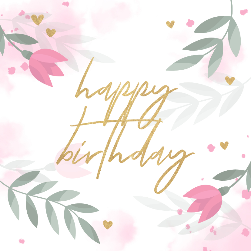 Verjaardagskaarten - Verjaardagskaart met bloemen, takjes, hartjes en waterverf
