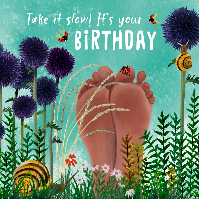 Verjaardagskaarten - Verjaardagskaart met blote voeten in het gras
