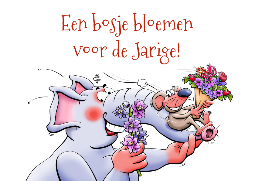 Verjaardagskaarten - Verjaardagskaart met bosje bloemen olifant glijdend muisje