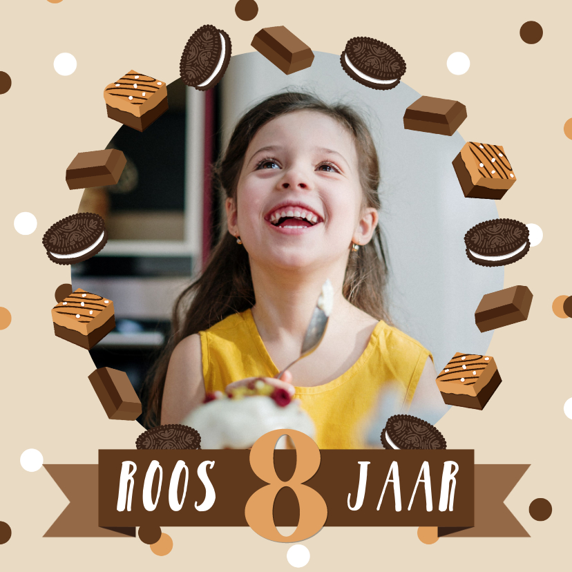 Verjaardagskaarten - Verjaardagskaart met brownies koekjes, chocolade en foto