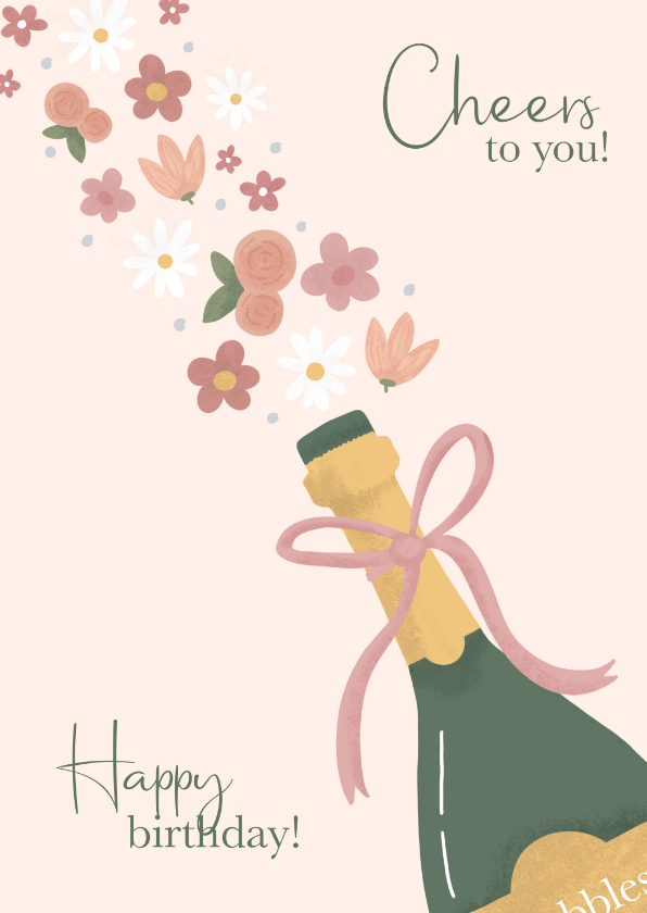 Verjaardagskaarten - Verjaardagskaart met champagne en bloemen
