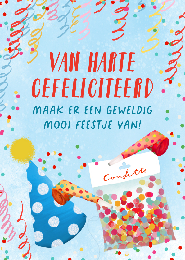 Verjaardagskaart met confetti en feesttoeters - Verjaardagskaarten Verjaardagskaarten - Verjaardagskaart met confetti en feesttoeters