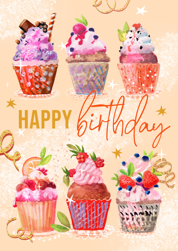 Verjaardagskaarten - Verjaardagskaart met cup cakes
