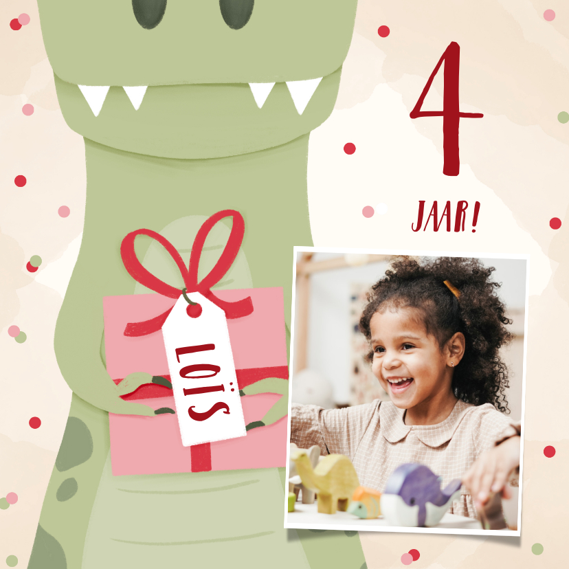 Verjaardagskaarten - Verjaardagskaart met dinosaurus, cadeautje en foto