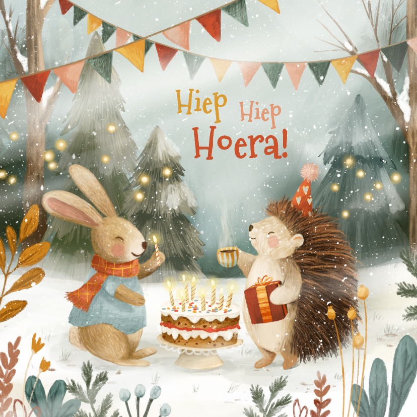 Verjaardagskaarten - Verjaardagskaart met egel en konijn en een verjaardagstaart!