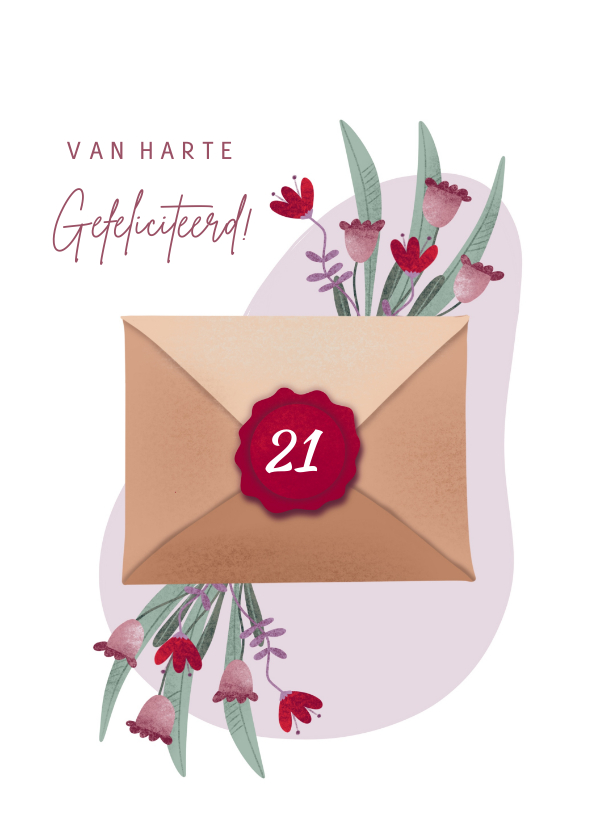 Verjaardagskaarten - Verjaardagskaart met envelop en bloemen voor 21-jarige