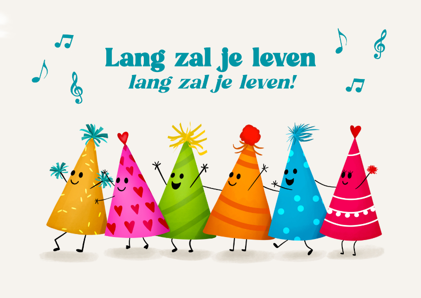 Verjaardagskaarten - Verjaardagskaart met feesthoedjes die de polonaise dansen