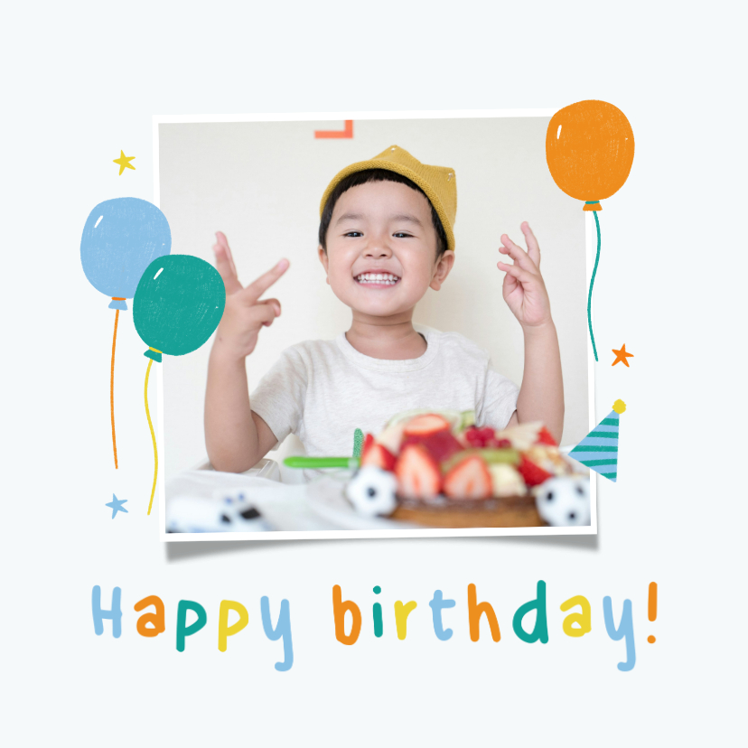 Verjaardagskaarten - Verjaardagskaart met foto ballonnen sterretjes vrolijk