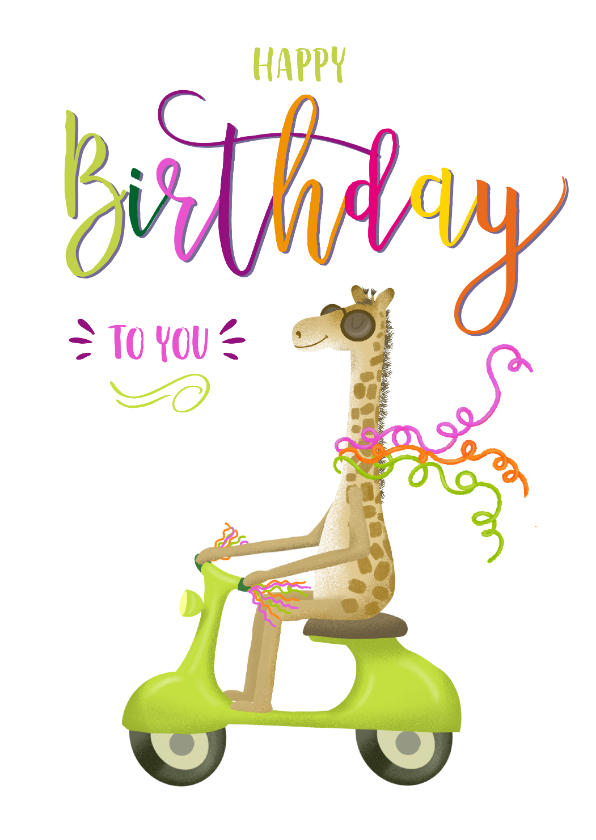 Verjaardagskaarten - Verjaardagskaart met giraf op een scooter
