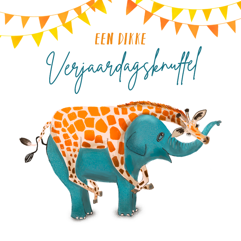 Verjaardagskaart met giraffe, olifant en slingers - Verjaardagskaarten Verjaardagskaarten - Verjaardagskaart met giraffe, olifant en slingers