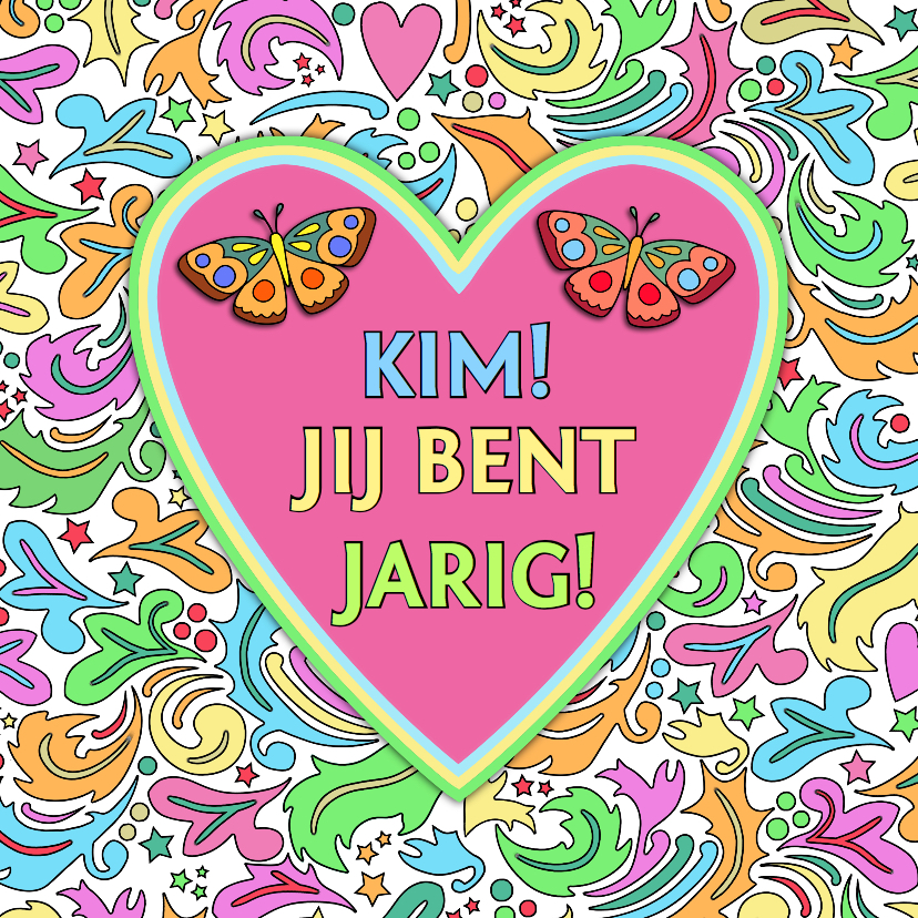 Verjaardagskaart met hart en vlinders op kleurige ondergrond - Verjaardagskaarten Verjaardagskaarten - Verjaardagskaart met hart en vlinders op kleurige ondergrond
