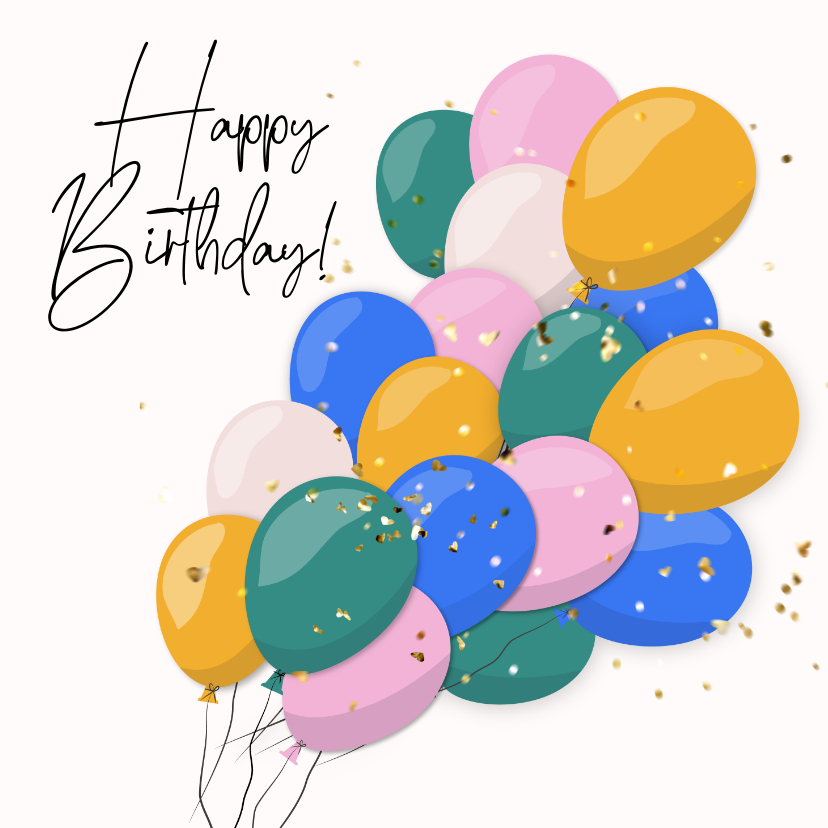 Verjaardagskaarten - Verjaardagskaart met hippe gekleurde ballonnen en confetti