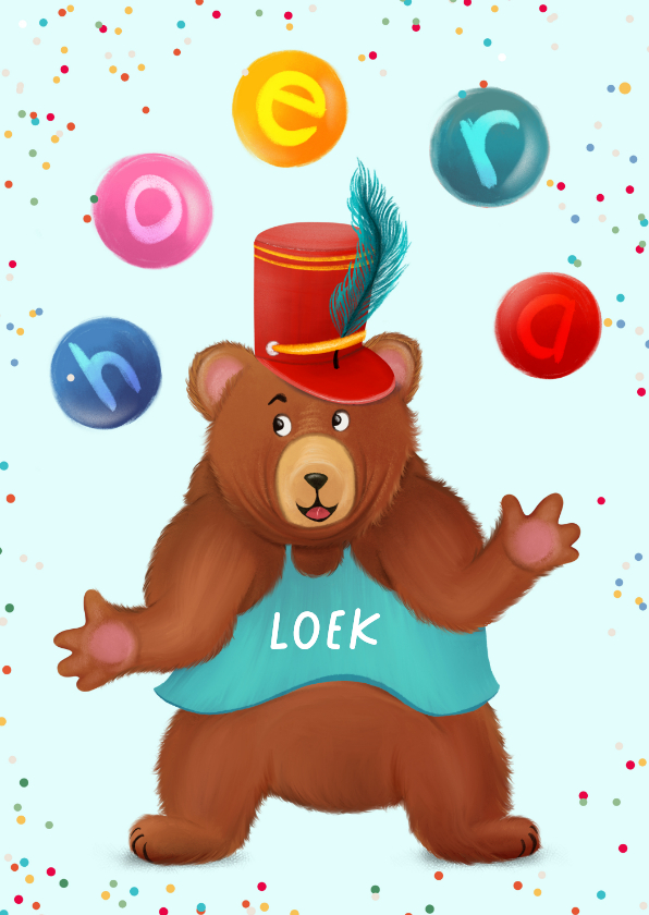 Verjaardagskaarten - Verjaardagskaart met jonglerende beer en naam