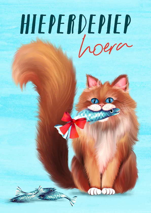 Verjaardagskaart met kat en vis - Verjaardagskaarten Verjaardagskaarten - Verjaardagskaart met kat en vis
