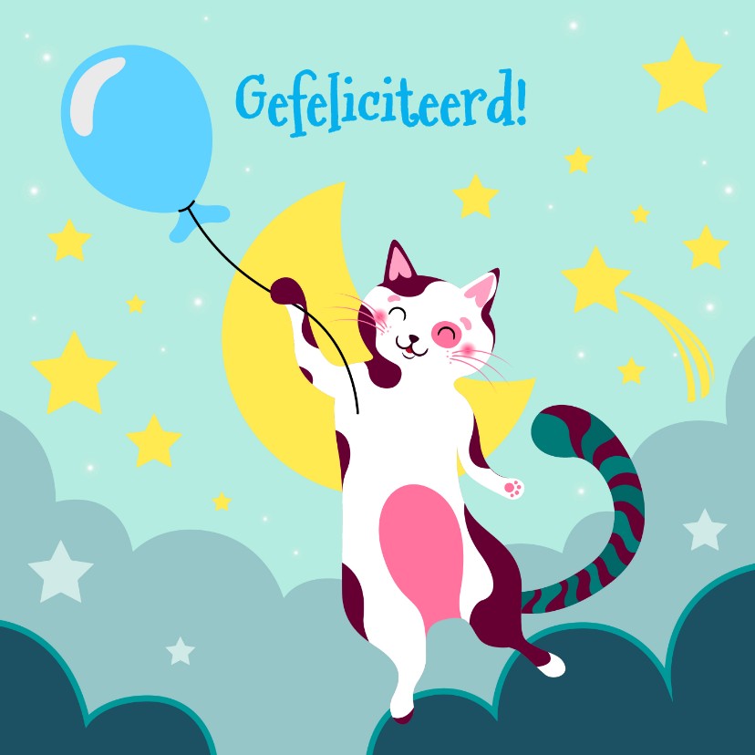 Verjaardagskaarten - Verjaardagskaart  met kat met blauwe ballon in de wolken