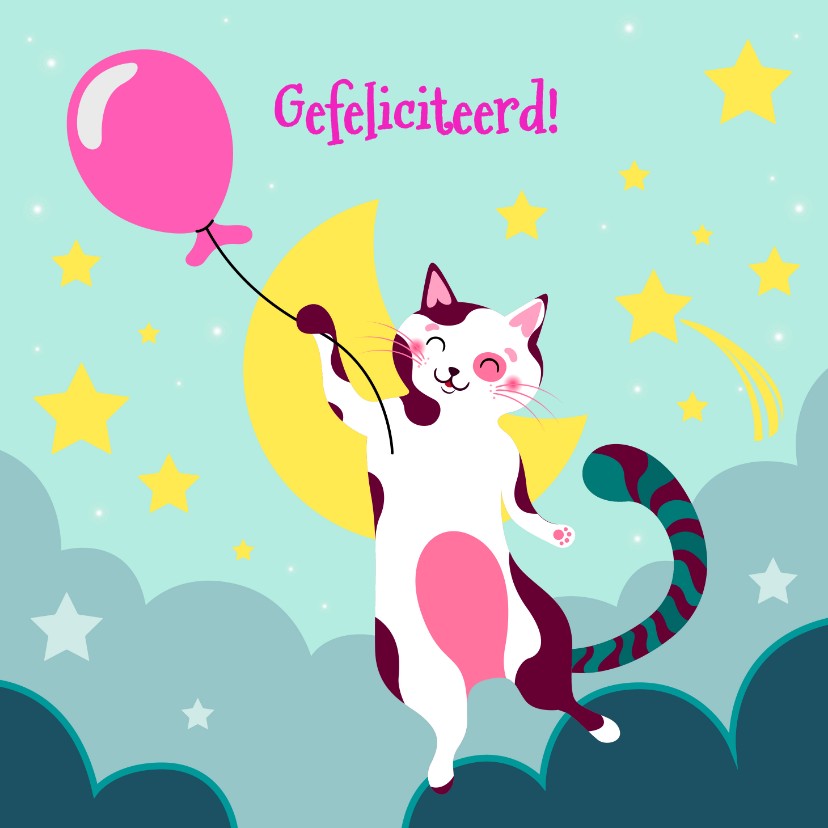 Verjaardagskaarten - Verjaardagskaart met kat met roze ballon in de wolken