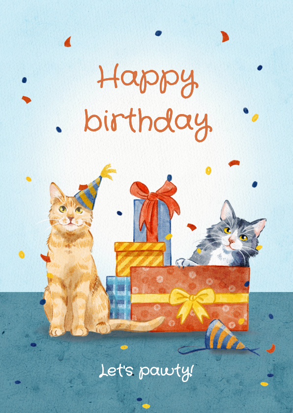 Verjaardagskaarten - Verjaardagskaart met katten en cadeautjes