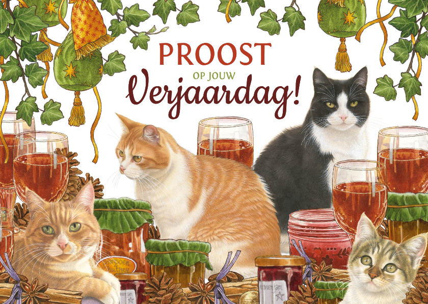 Verjaardagskaarten - Verjaardagskaart met katten in herfstsfeer