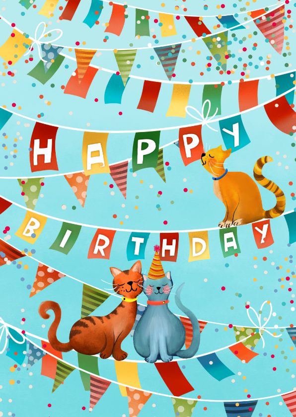 Verjaardagskaarten - Verjaardagskaart met katten op slingers