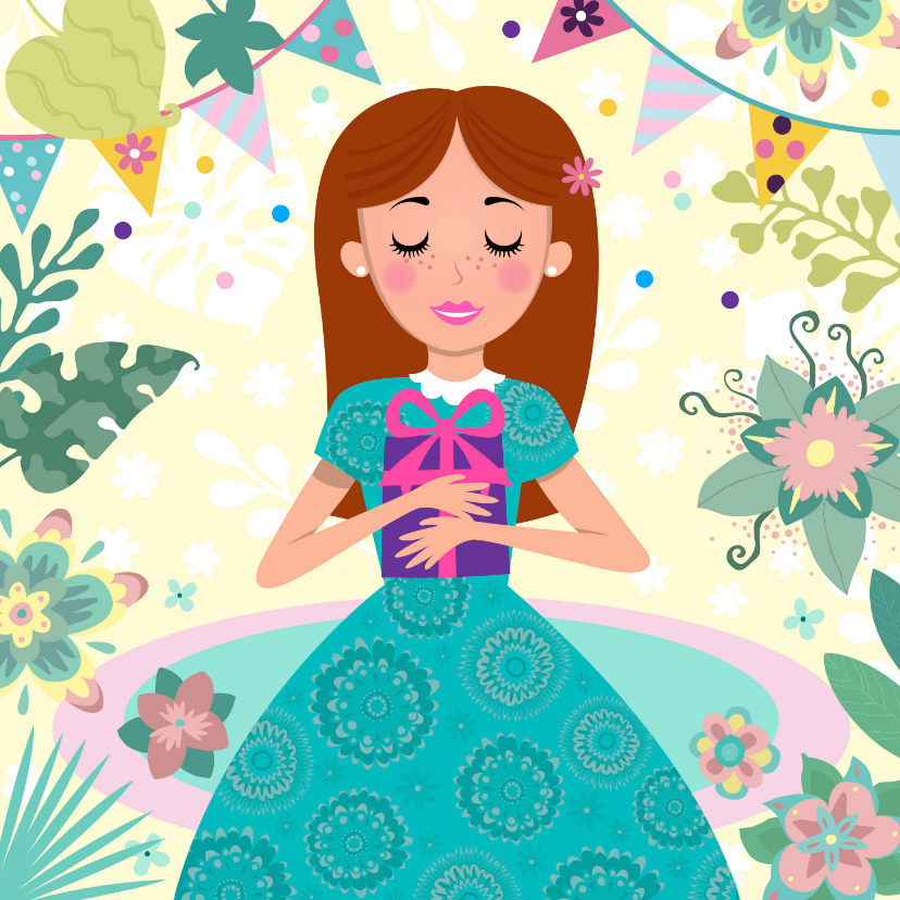 Verjaardagskaart met leuke prinses met cadeau en bloemen - Verjaardagskaarten Verjaardagskaarten - Verjaardagskaart met leuke prinses met cadeau en bloemen