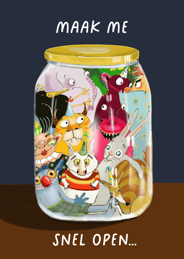 Verjaardagskaarten - Verjaardagskaart met monsters in een pot