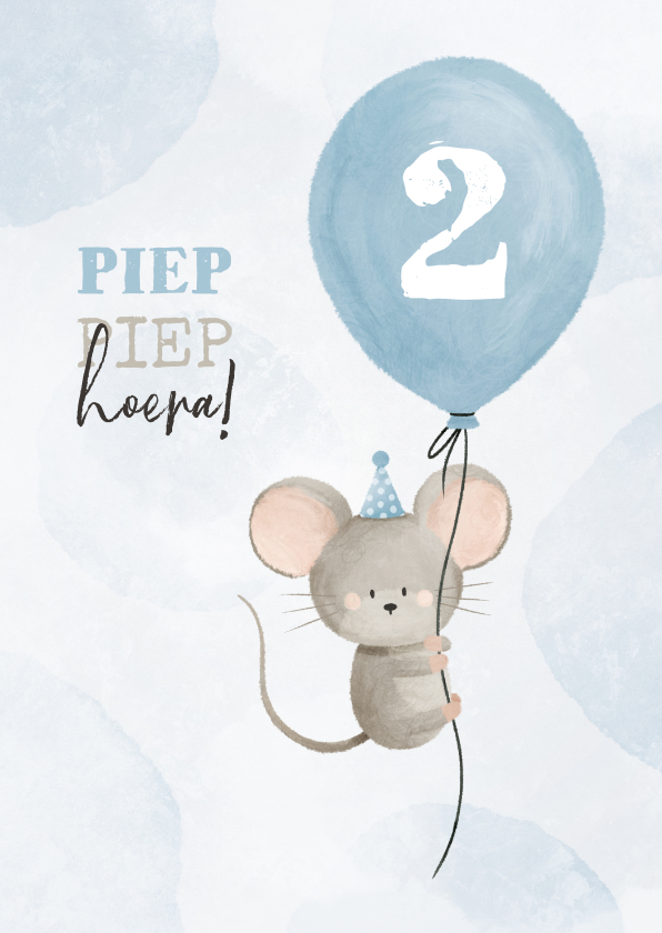 Verjaardagskaarten - Verjaardagskaart met muisje aan ballon 2 jaar