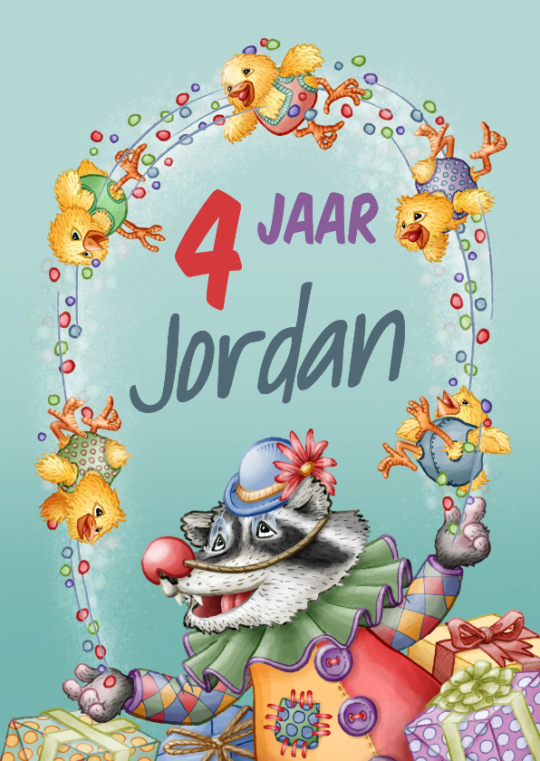 verjaardagskaart met naam jonglerende wasbeer met kuikens - Verjaardagskaarten Verjaardagskaarten - verjaardagskaart met naam jonglerende wasbeer met kuikens