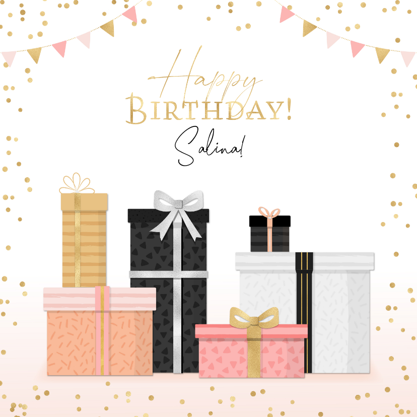 Verjaardagskaarten - Verjaardagskaart met naam, kado's gouden tekst & confetti