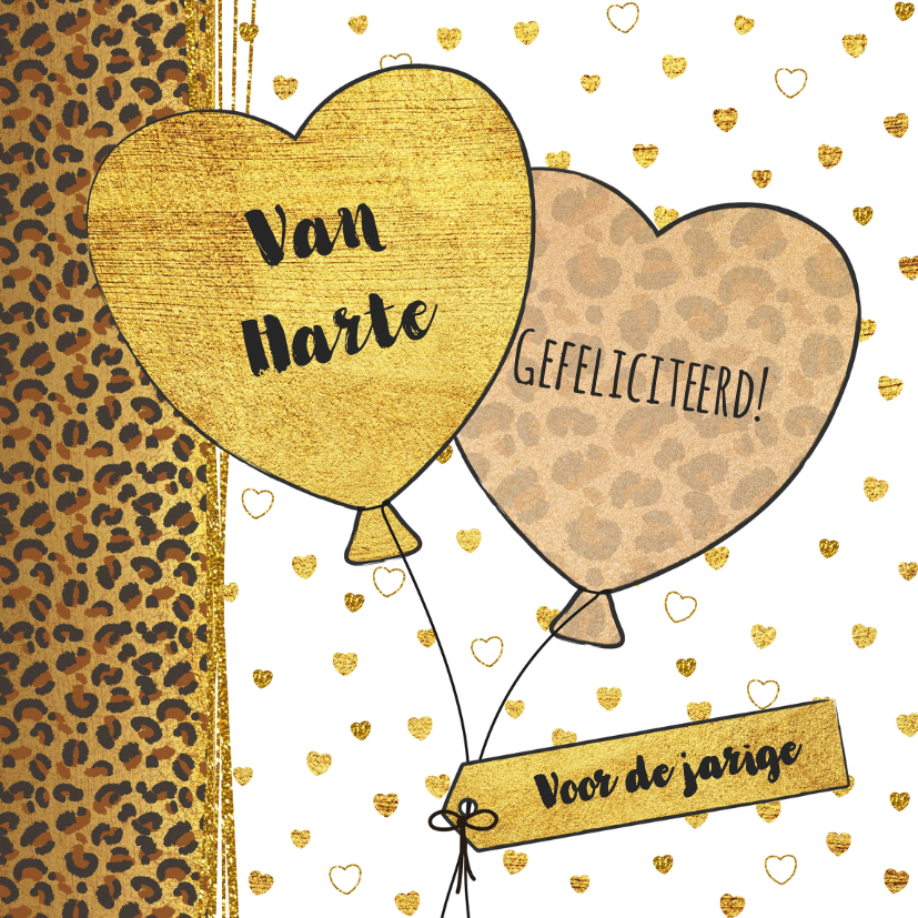 Verjaardagskaarten - Verjaardagskaart met panterprint  en hartjes ballonnen