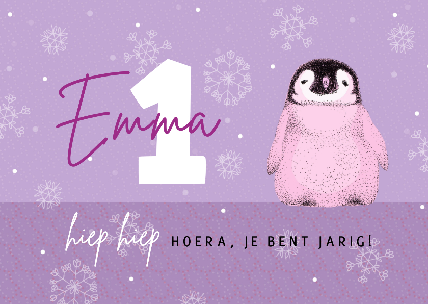 Verjaardagskaart met pinguïn in het lila - Verjaardagskaarten Verjaardagskaarten - Verjaardagskaart met pinguïn in het lila
