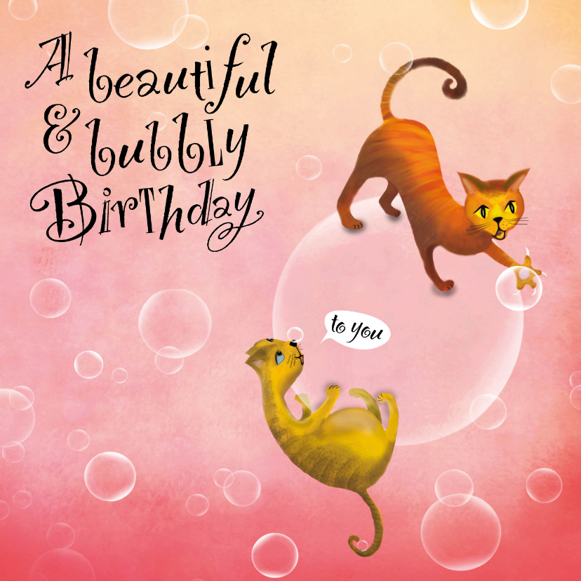 Verjaardagskaarten - Verjaardagskaart met poezen op bellen! Is het champagne!?