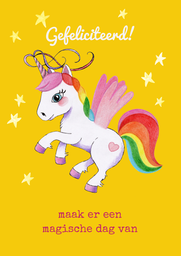 Verjaardagskaarten - Verjaardagskaart met regenboog unicorn als felicitatie