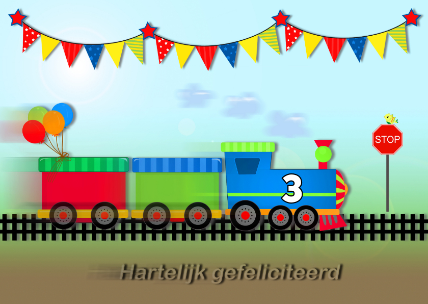 Verjaardagskaarten - Verjaardagskaart met snelle trein met vlaggetjes