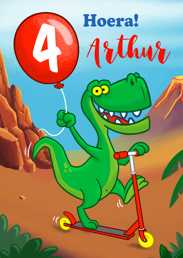 Verjaardagskaarten - Verjaardagskaart met T-rex op step met ballon in zijn hand!