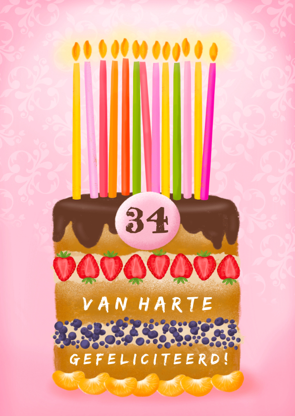Verjaardagskaarten - Verjaardagskaart met taart en aanpasbare leeftijd