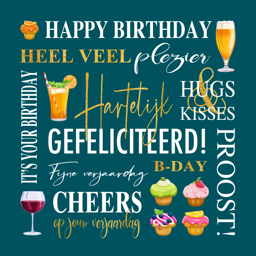 Verjaardagskaarten - Verjaardagskaart met teksten, gebak en drankjes