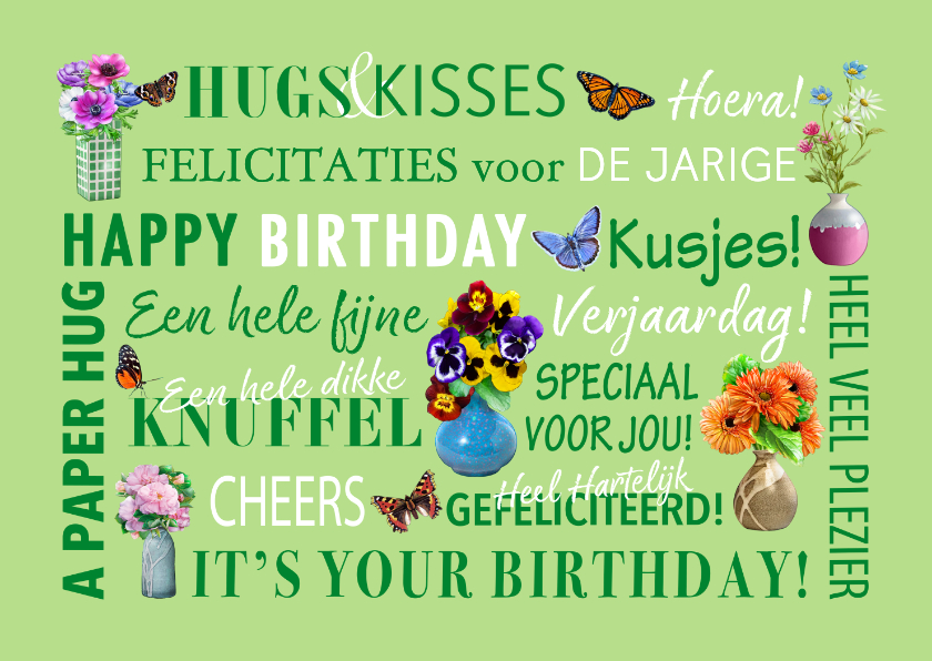 Verjaardagskaart met teksten Violen en zomerbloemen - Verjaardagskaarten Verjaardagskaarten - Verjaardagskaart met teksten Violen en zomerbloemen