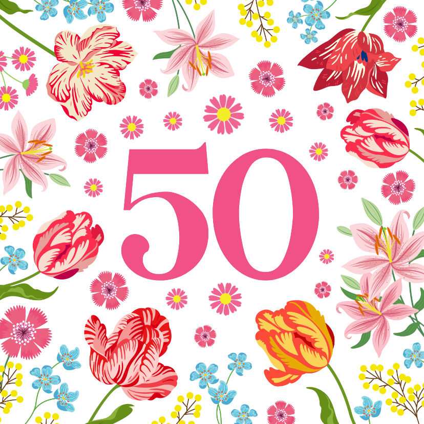 Verjaardagskaart met tulpen en kleurrijke bloemen - Verjaardagskaarten Verjaardagskaarten - Verjaardagskaart met tulpen en kleurrijke bloemen