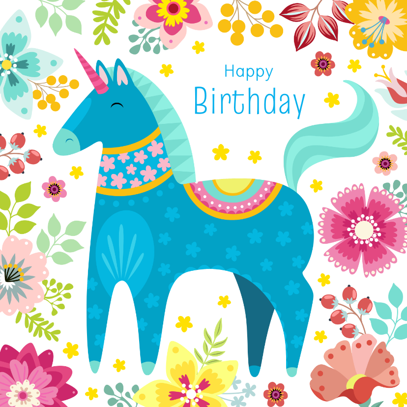 Verjaardagskaarten - Verjaardagskaart met unicorn en bloemen