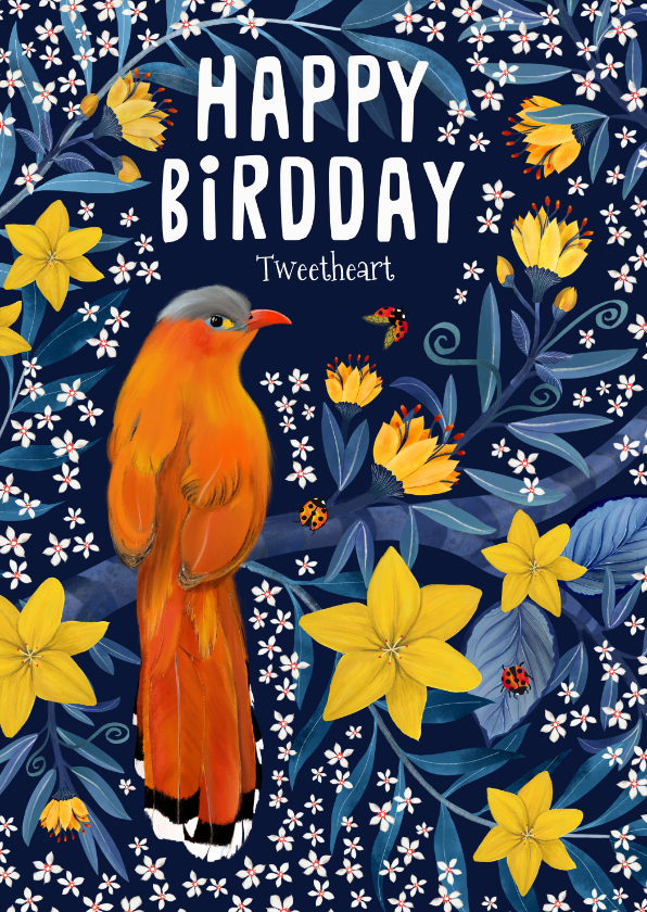 Verjaardagskaart met vogel op tak en bloemetjes - Verjaardagskaarten Verjaardagskaarten - Verjaardagskaart met vogel op tak en bloemetjes