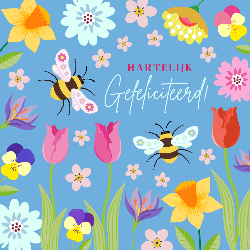 Verjaardagskaarten - Verjaardagskaart met voorjaarsbloemen en bijen