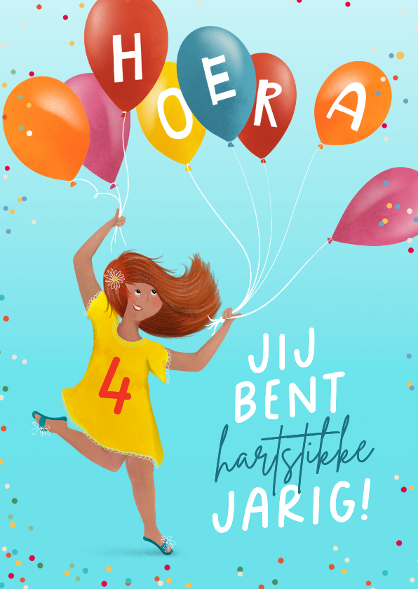Verjaardagskaart met vrolijk meisje en ballonnen - Verjaardagskaarten Verjaardagskaarten - Verjaardagskaart met vrolijk meisje en ballonnen